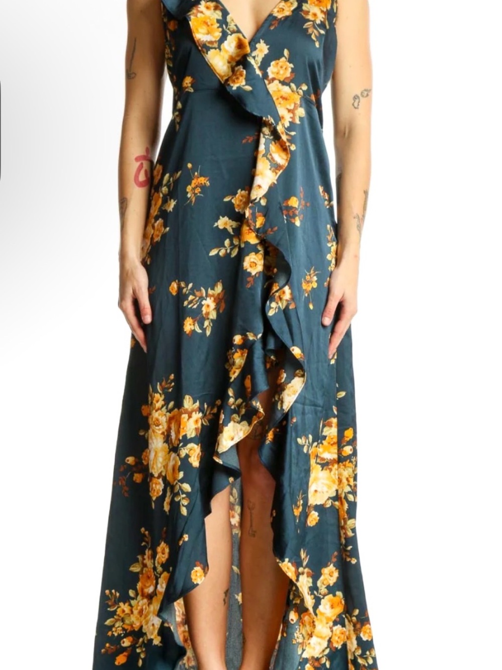 Teal Floral High-Low Ruffle Dress- Teal & Yellow